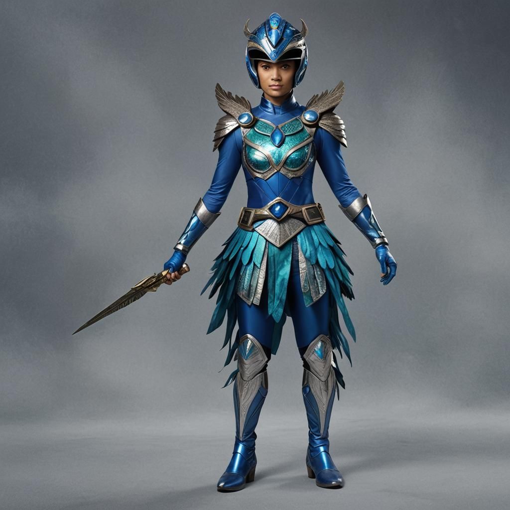 Power Ranger A shimmering blue costume with a peacock-inspir...