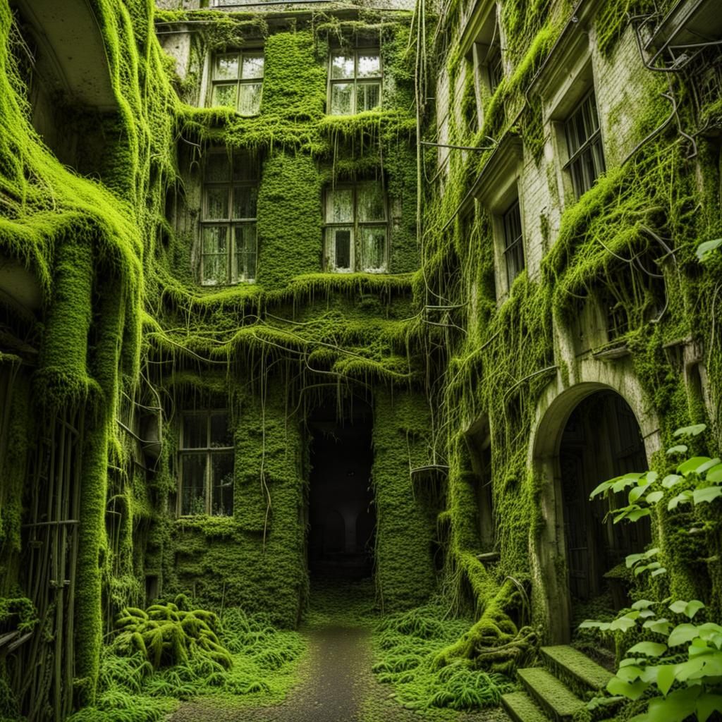 Overgrown city covered in vines and moss