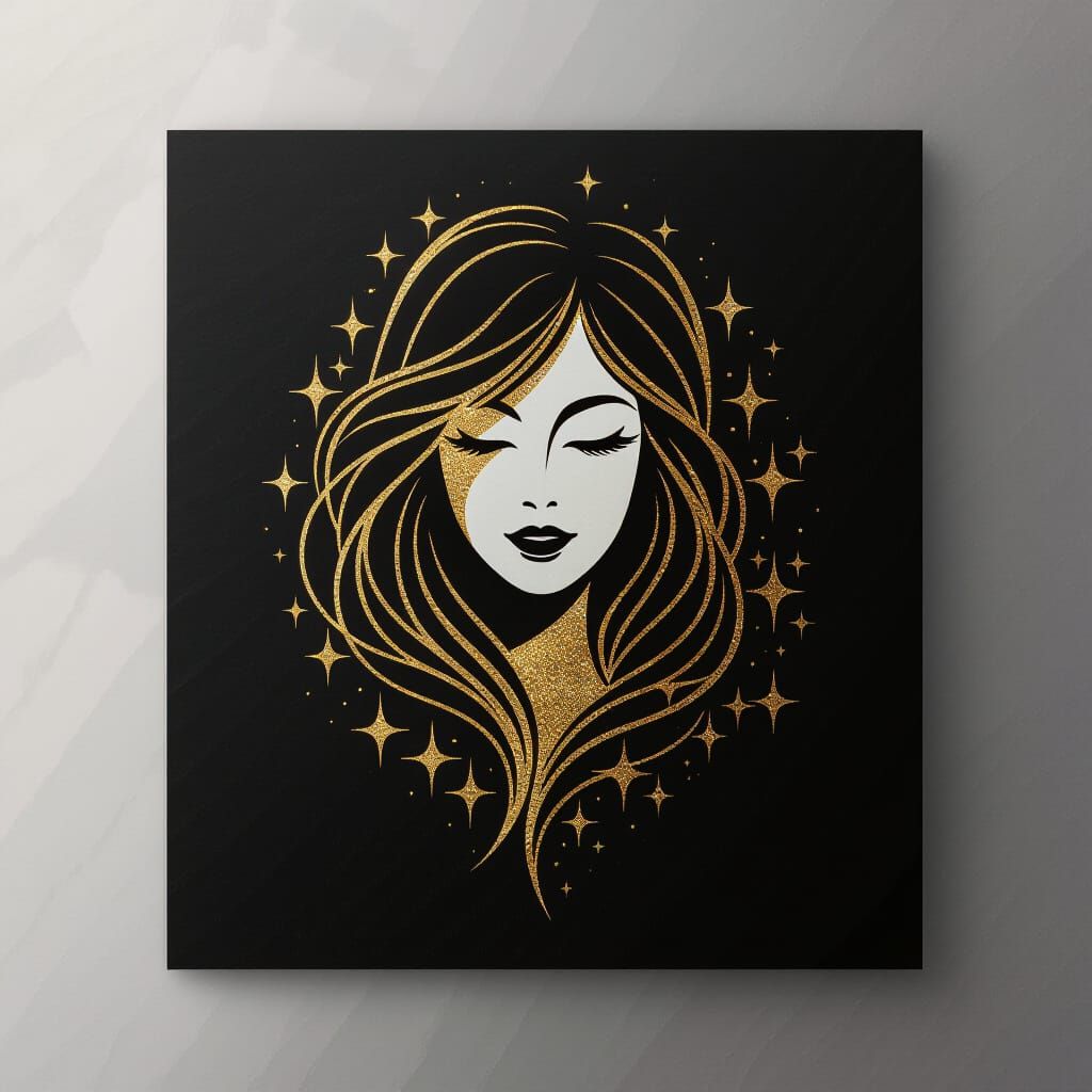 "A delicate artistic logo of a woman’s face formed by abstract golden hairlines and spark-like accents, on deep matte black background, eleg...