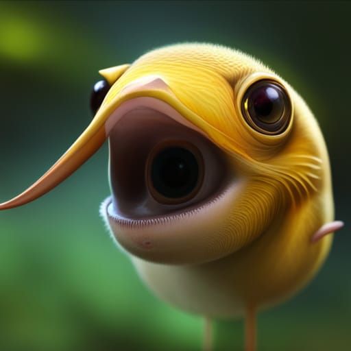 small creature with sharp teeth, yellow scales, big ears and...