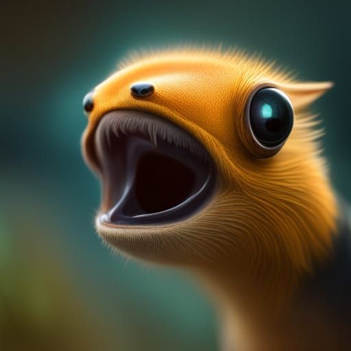 small creature with sharp teeth, yellow scales, big ears and...