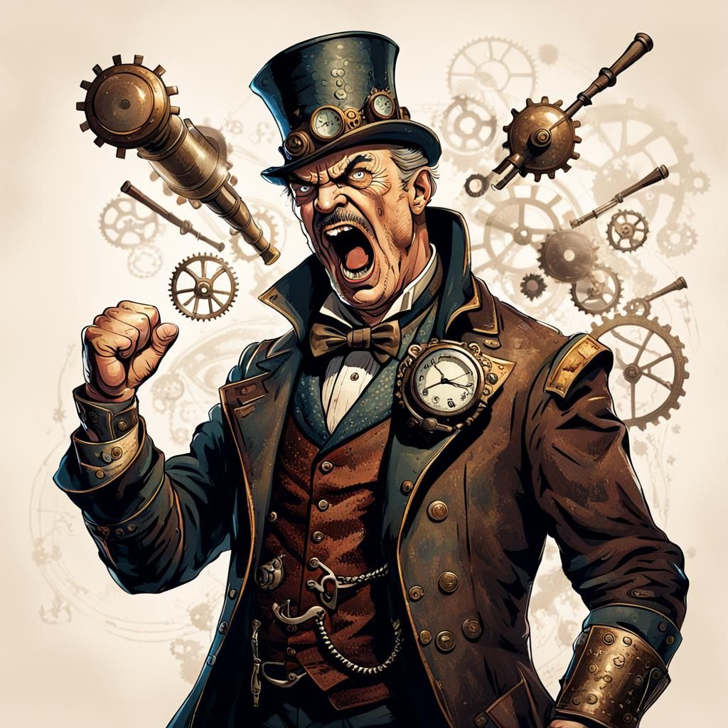 an overly angry father, shouts with a big open mouth and a threatening punch in the air, steampunk