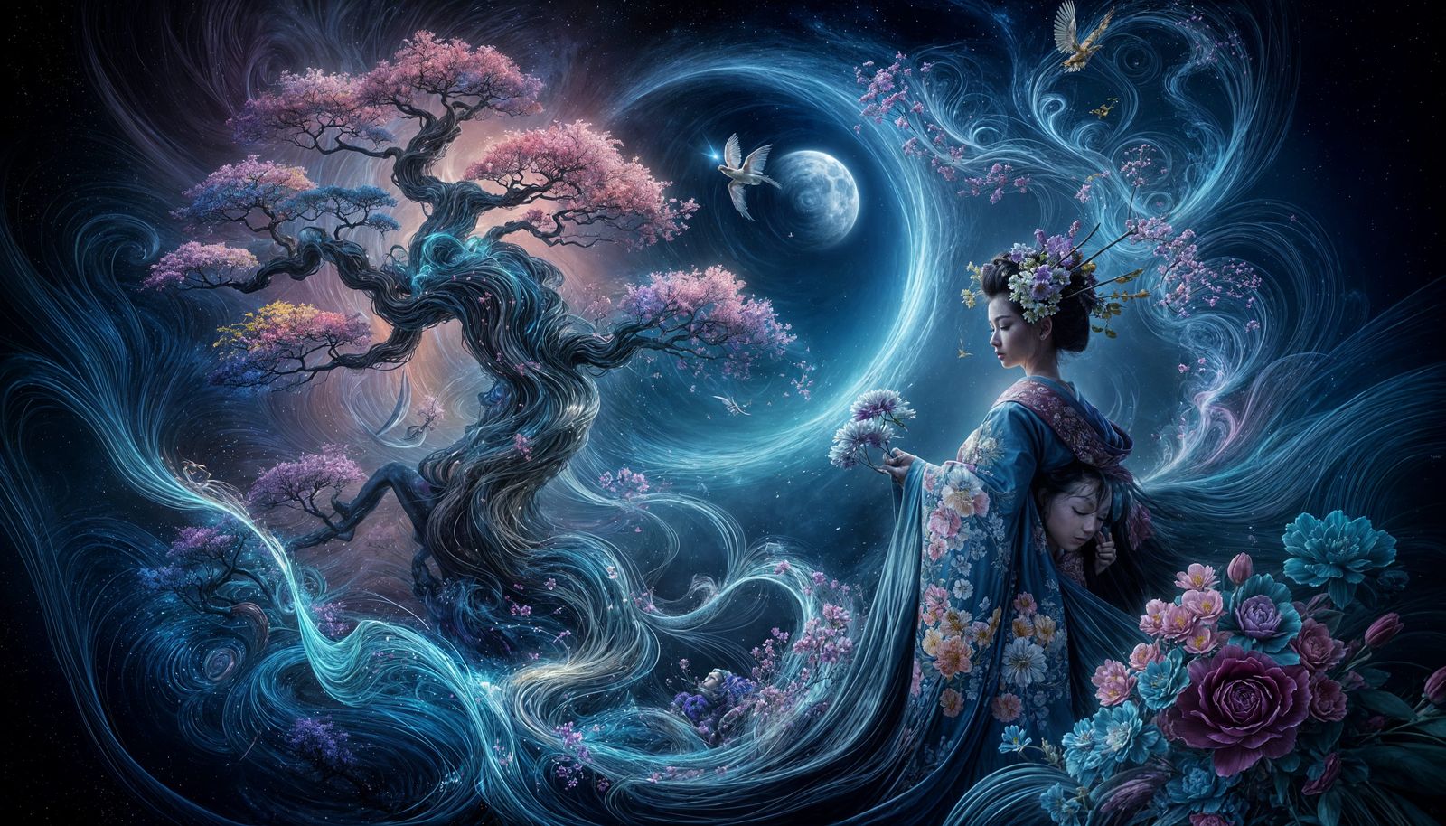 Geisha  with the purple and yellow blossom flowers of the maelstrom