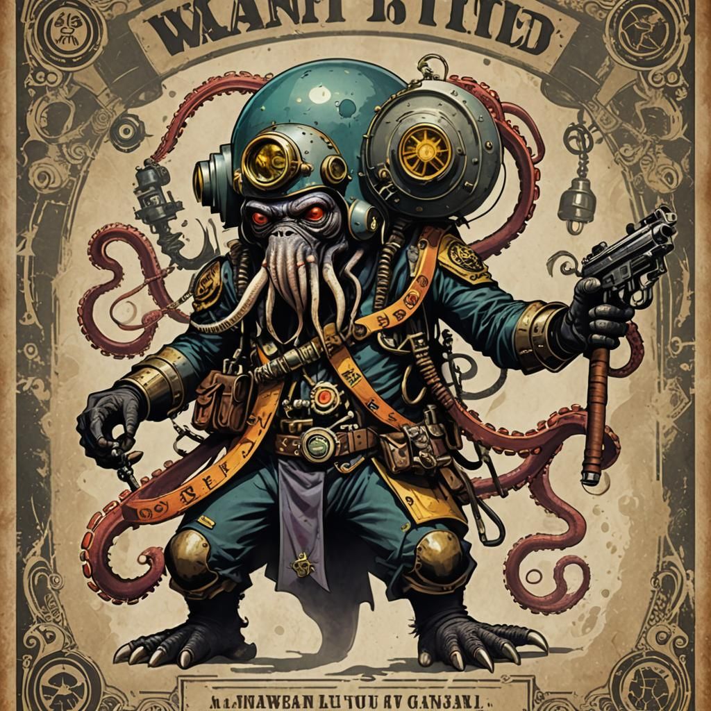 A colorful wanted poster showing a man ape octopus combination wearing a fearful steampunk helmet and ...  by @undefined