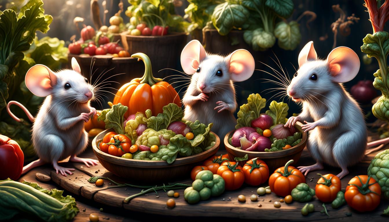 Mice enjoying a vegetable feast   by @Dorian