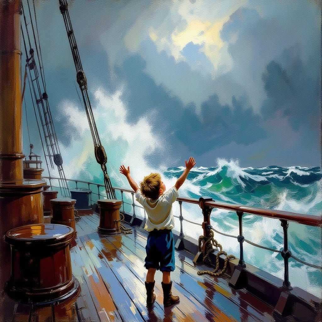 Boy on Ship Challenges Stormy Seas in Oil Painting Style