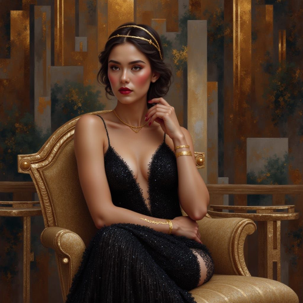 Parlour with 1920s flapper in black and gold, Art Deco style <lora:Geo gos:1.0>