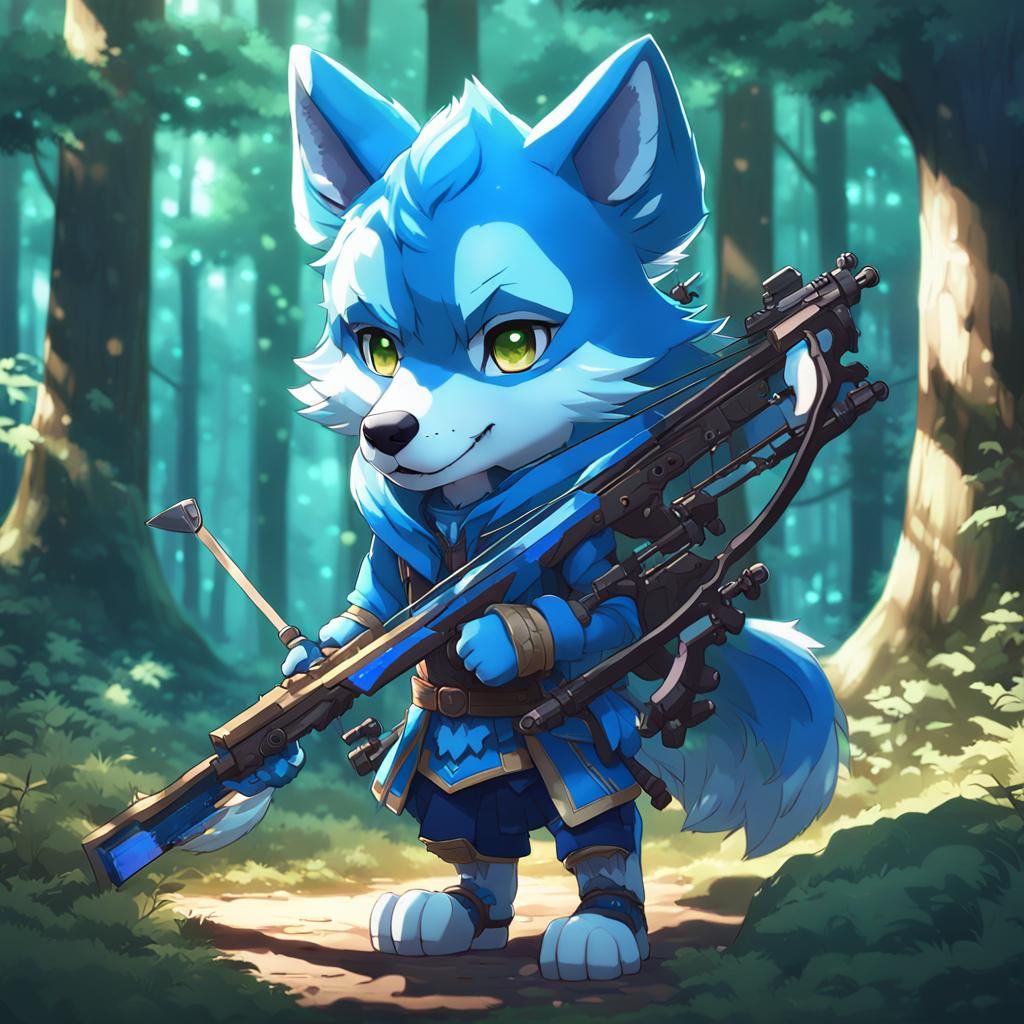 A blue chibi wolf carrying a crossbow in a beautiful forest