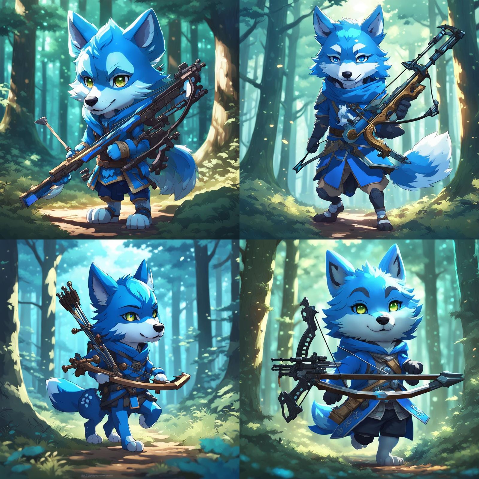 A blue chibi wolf carrying a crossbow in a beautiful forest