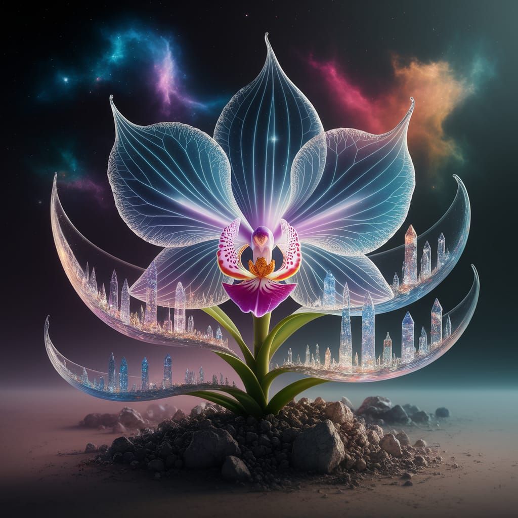 A breathtaking cosmic transparent orchid, its delicate glass-like petals shimmering with starlight. On its translucent leaves lies a miniatu...