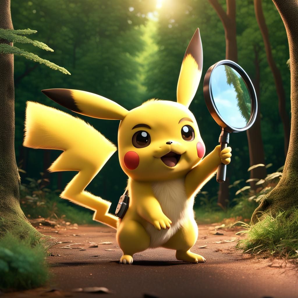 Detective Pikachu is searching for clues with a magnifying g...