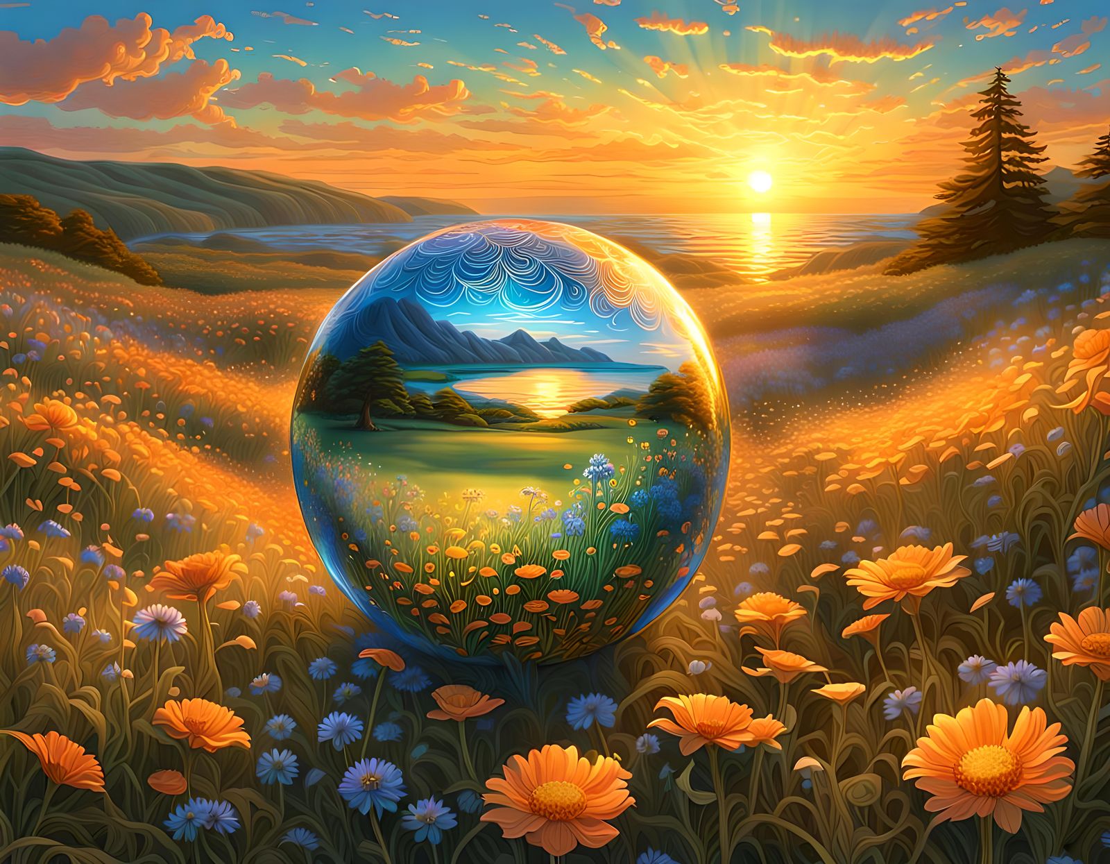 A glass orb on a wildflower meadow