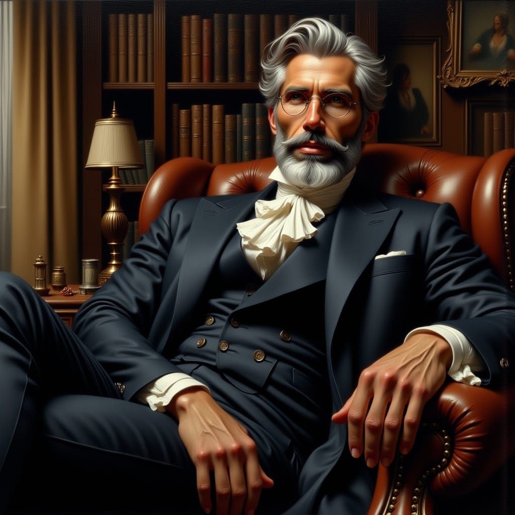 <lora:BookCover Flux:1.0> detailed matte oil painting, a sophisticated beautiful, handsome, 50-year-old British 19th-century gentleman in fu...
