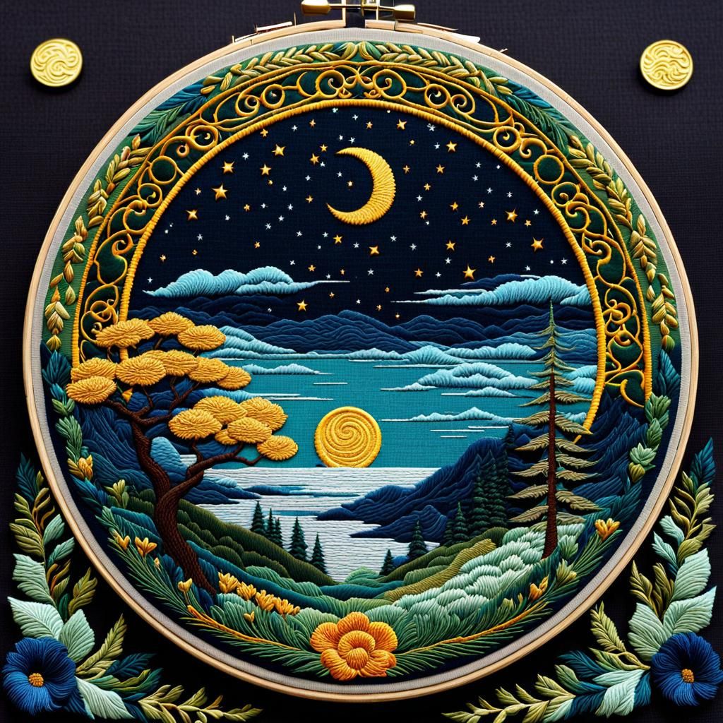 Embroidery Art / Moonlight Scene  by @Bunny77