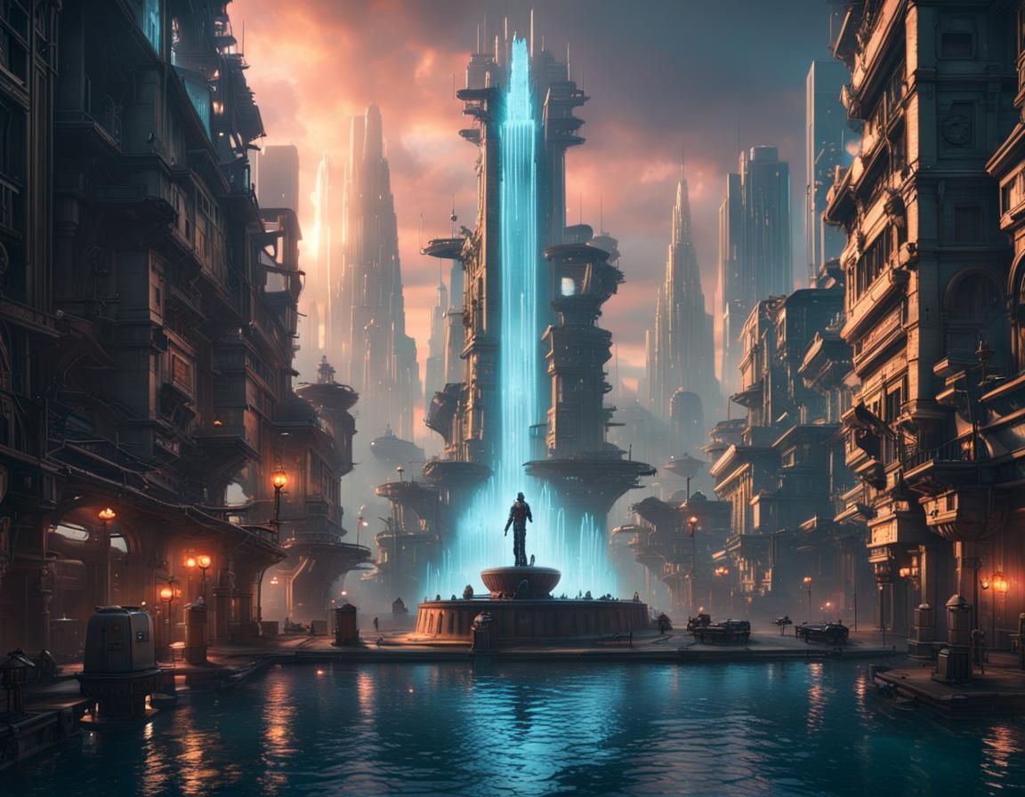 A cyberpunk city with a towering water fountain inside of it, Epic cinematic brilliant stunning intricate ...  by @Brendon Dixon
