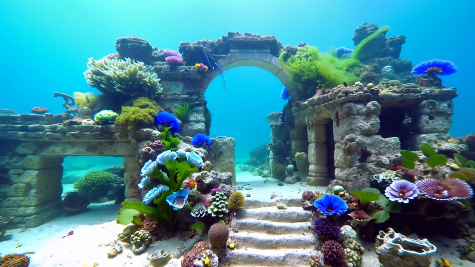 en fondo blanco crea un Entorno submarino mágico con ruinas antiguas parcialmente cubiertas por unos pequeños corales co...