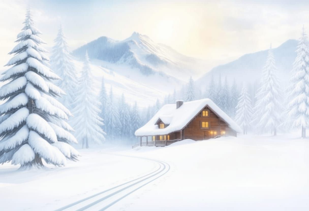A snowy mountain-landscape with a house
