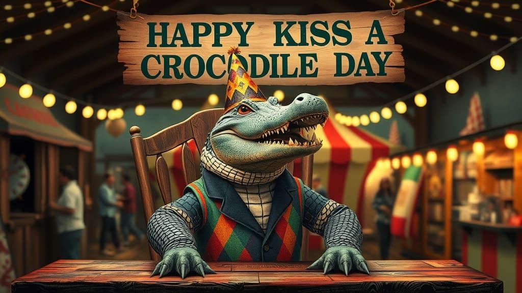 a crocodile sitting in chair behind table with banner above the table reads "Happy Kiss a Crocodile Day" ...  by @Ed Evans