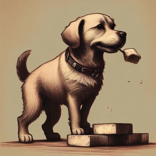 <lora:Vintage Sketch DS8:1.0> A dog balancing a bone on its nose.  Sketch art. Vintage. Sepia. Pastel. 