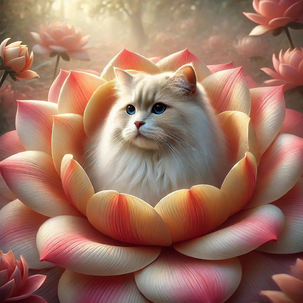 Fluffy Cat Sits Peacefully Inside A Blooming Flower | DALL-E...