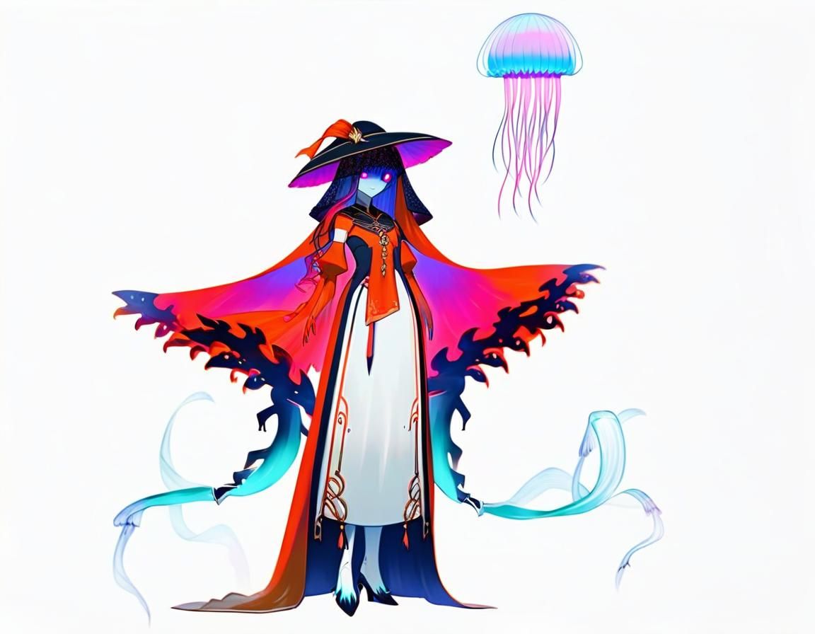 veiled hat+Face hidden and glowing eyes(jellyfish based char...
