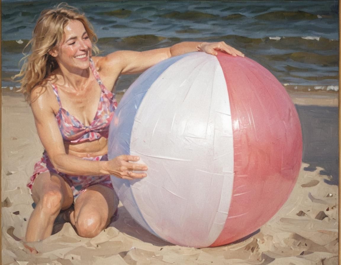 A beautiful British woman and her big beach ball.