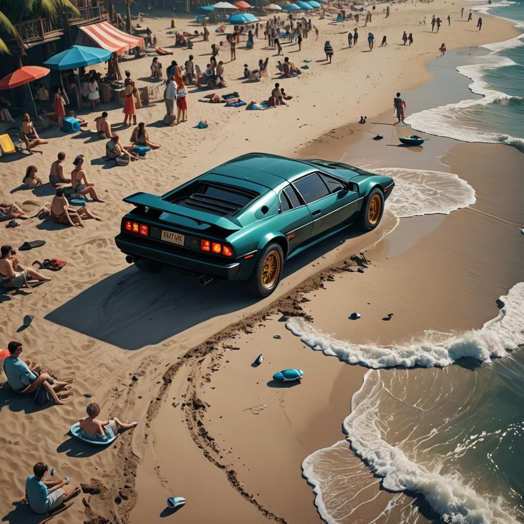 007 Lotus Esprit pulling up on crowded beach from ocean  by @Christian 