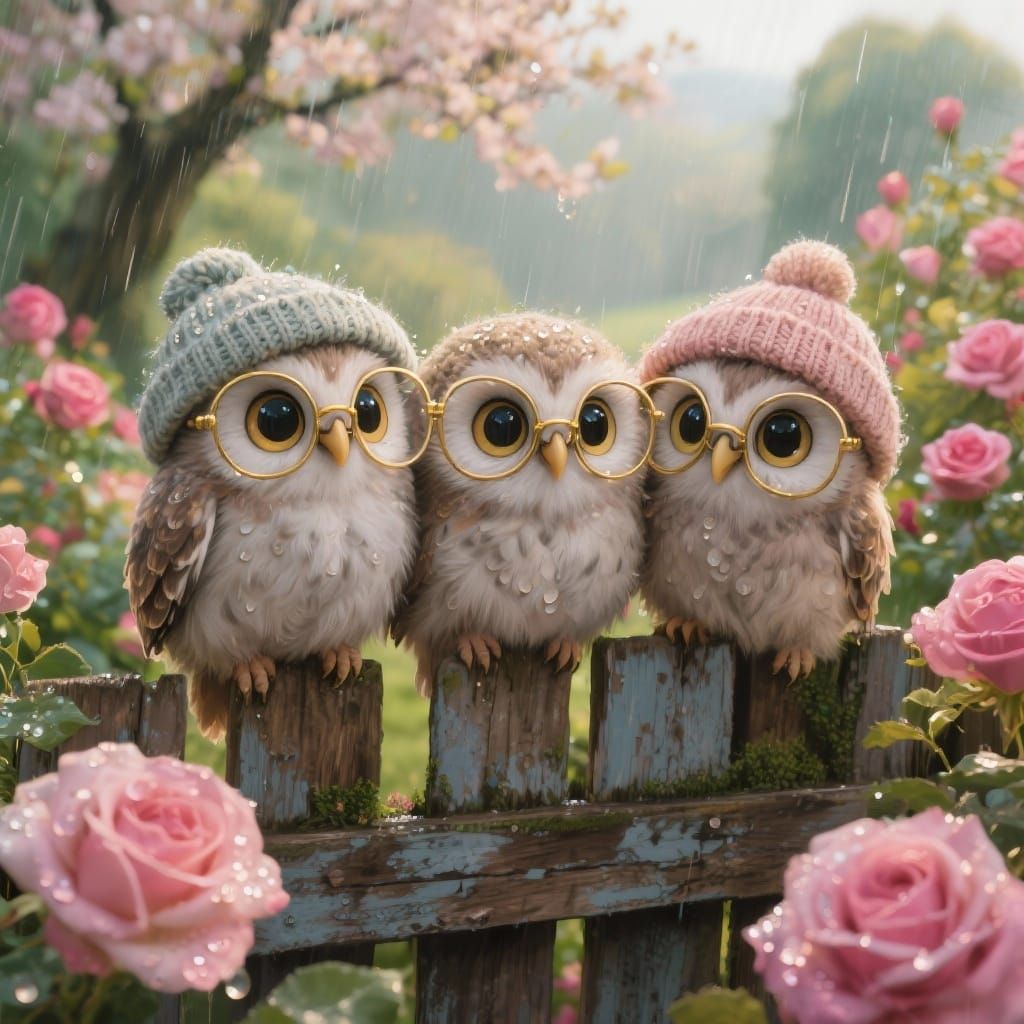 A whimsical digital painting masterpiece of three impossibly cute, fluffy owlets huddled on a weathered wooden fence. Each owlet is adorned ...