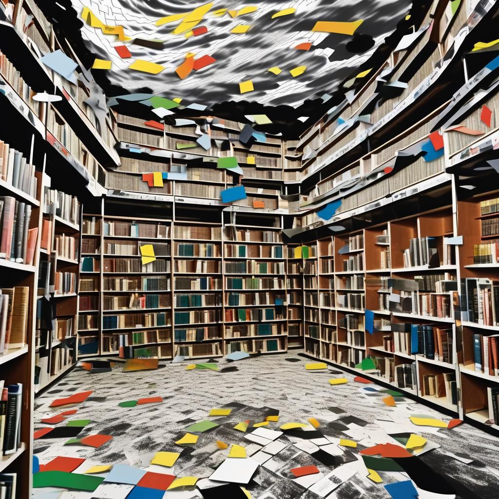 inside tower library, tornado plumes up through the center. 