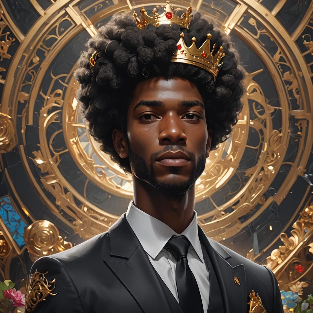 Black man with Afro wearing black suit with king crown