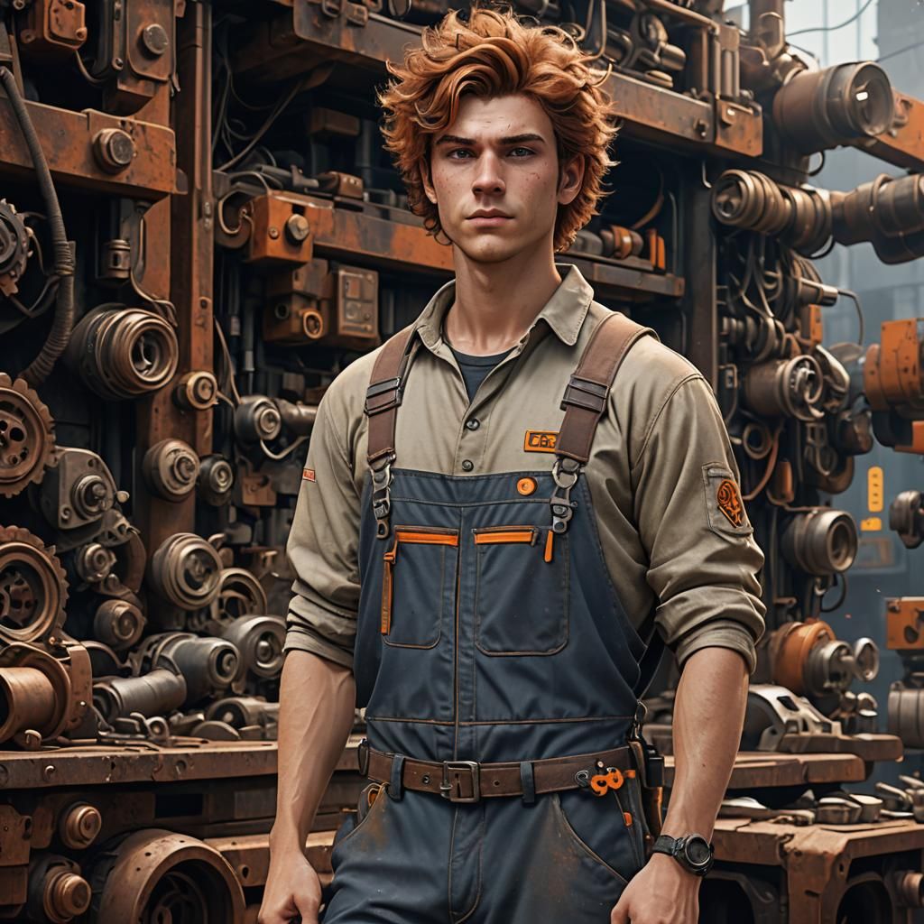 Teenage, male, auburn bushy hair, mechanic overall