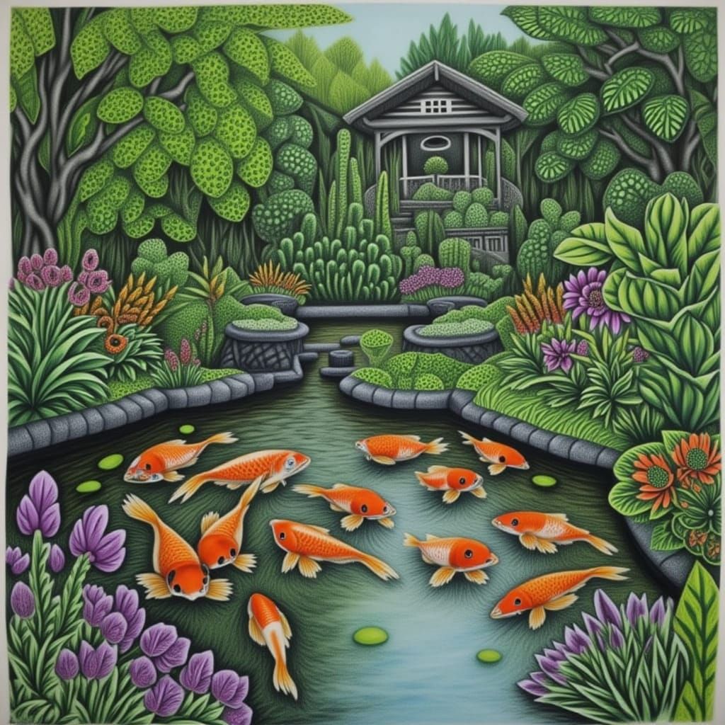 <lora:CHARCOAL DUSK:1.0> Koi pond