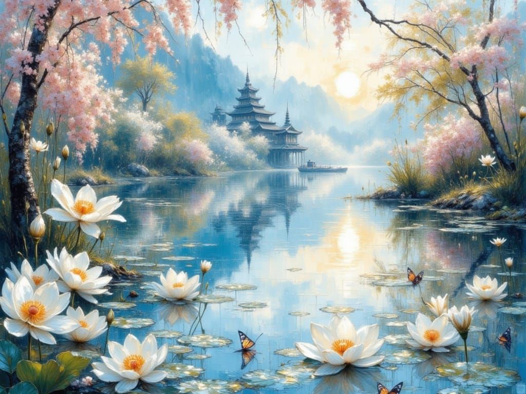 Serene Lake Watercolor Painting with Falling Blossoms and Pa...