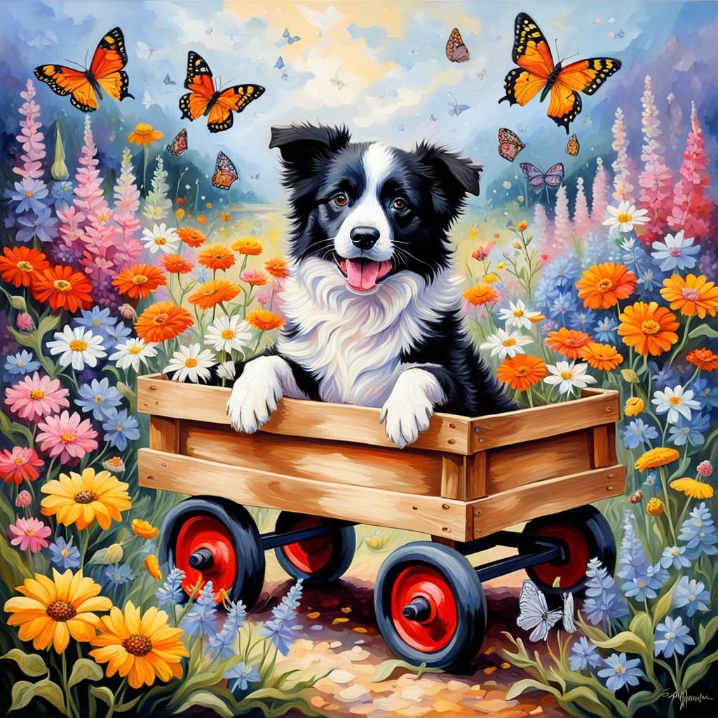 Wooden Wagon - happy puppy - AI Generated Artwork - NightCafe Creator