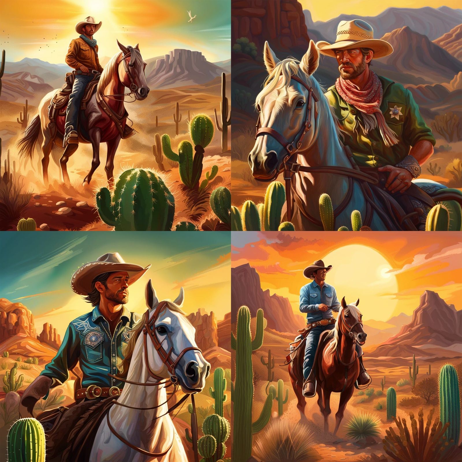 Texas cowboy country with cactus, hills, sunshine and a cowb...