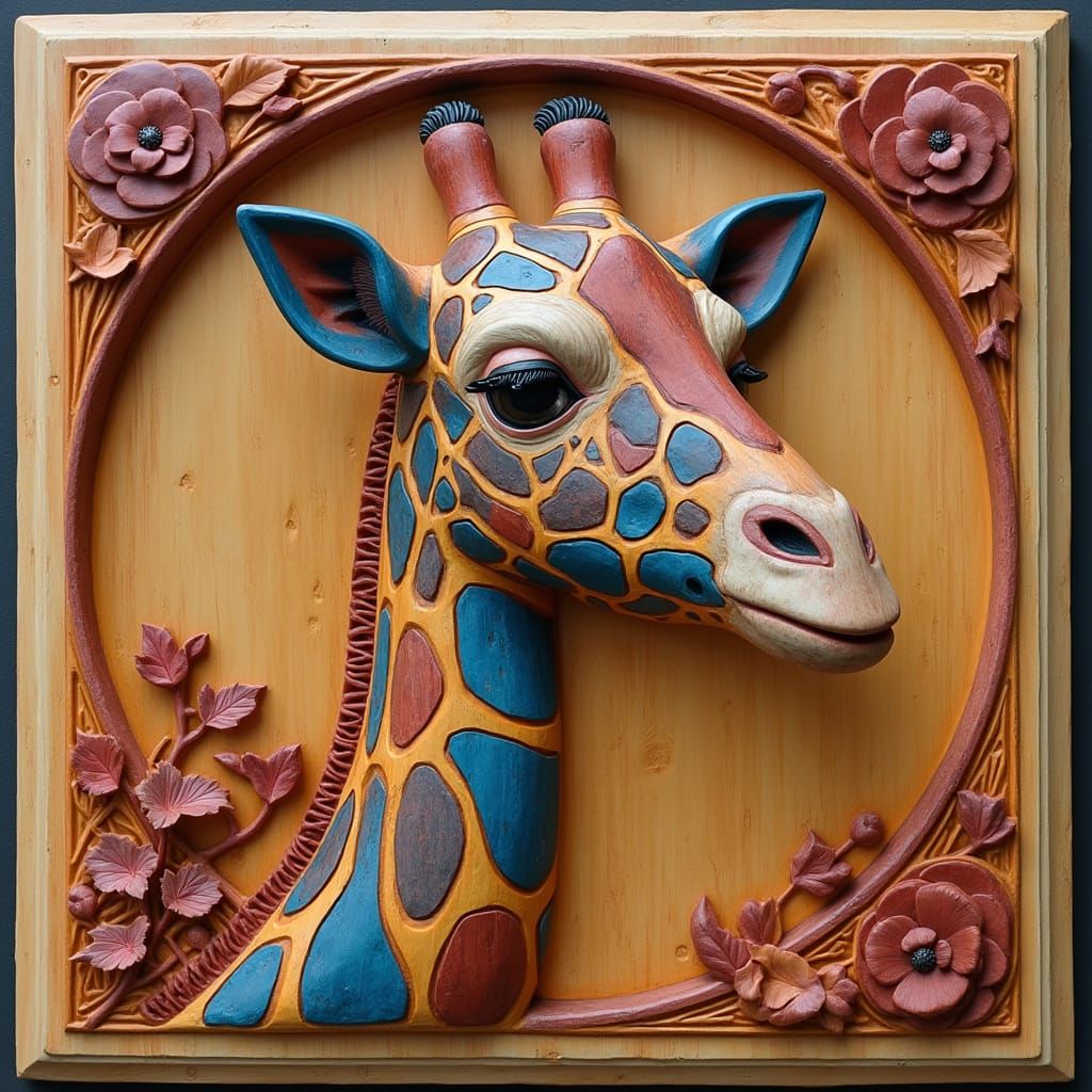 A wooden relief carving of a colorful giraffe <lora:Wooden Carving:1.0>