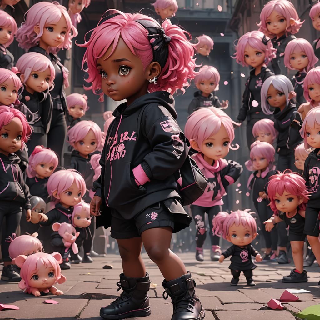 manga cute realistic black baby girl with pink hair and pink and black