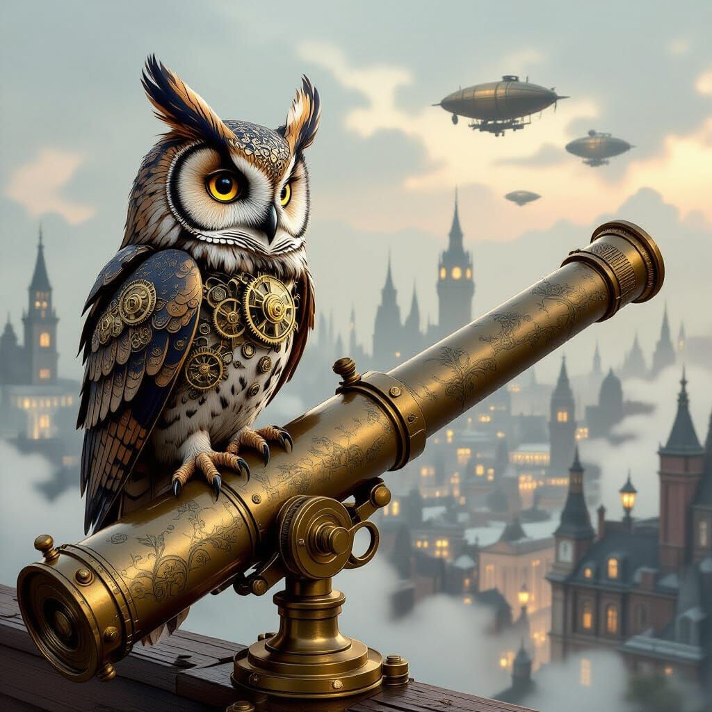 Steampunk. Medium shot. A clockwork owl perches on a weathered brass telescope, overlooking a sprawling Victorian cityscape shrouded in fog....