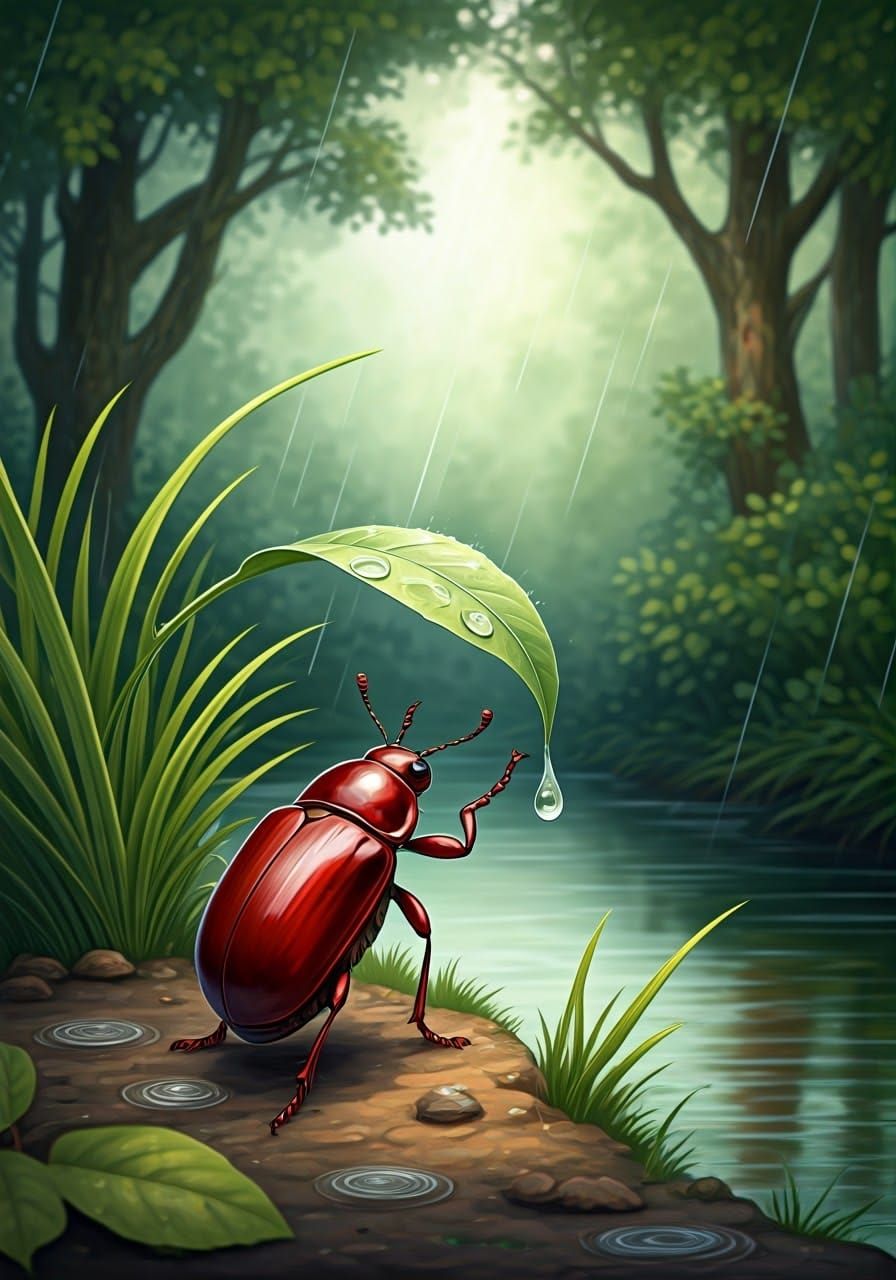 Beetle in Rain, Watercolor Style
