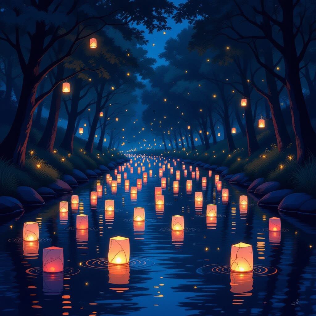 Glowing Lanterns on a River at Night