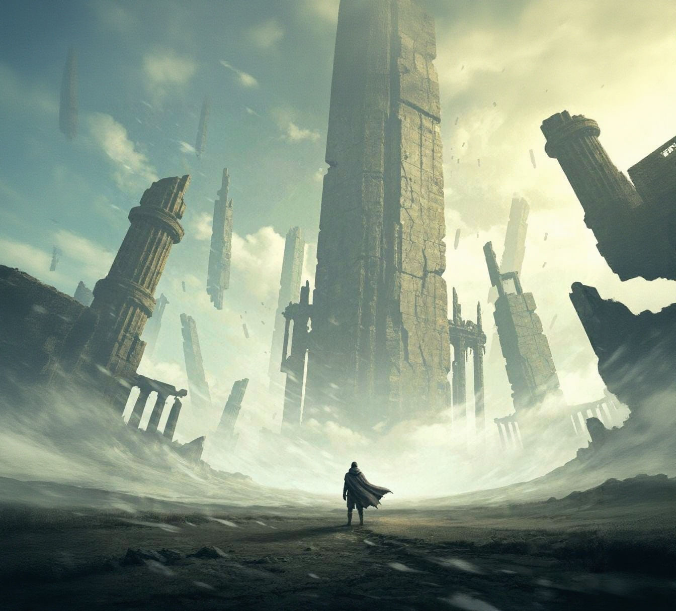 A solitary figure in a cloak stands on a desolate, windswept plain under a sky filled with colossal, ancient ruins. The figure is small agai...