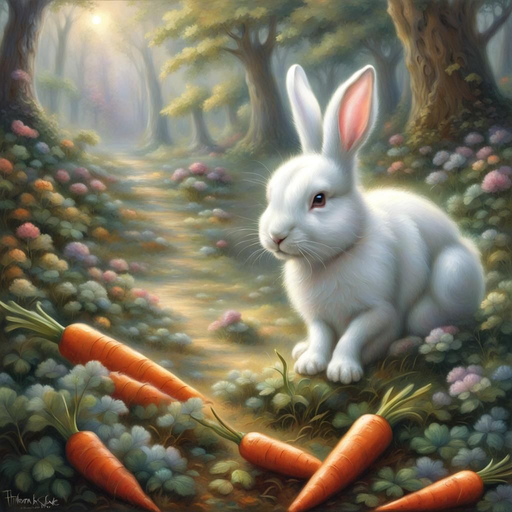 a little white bunny eats a carrot