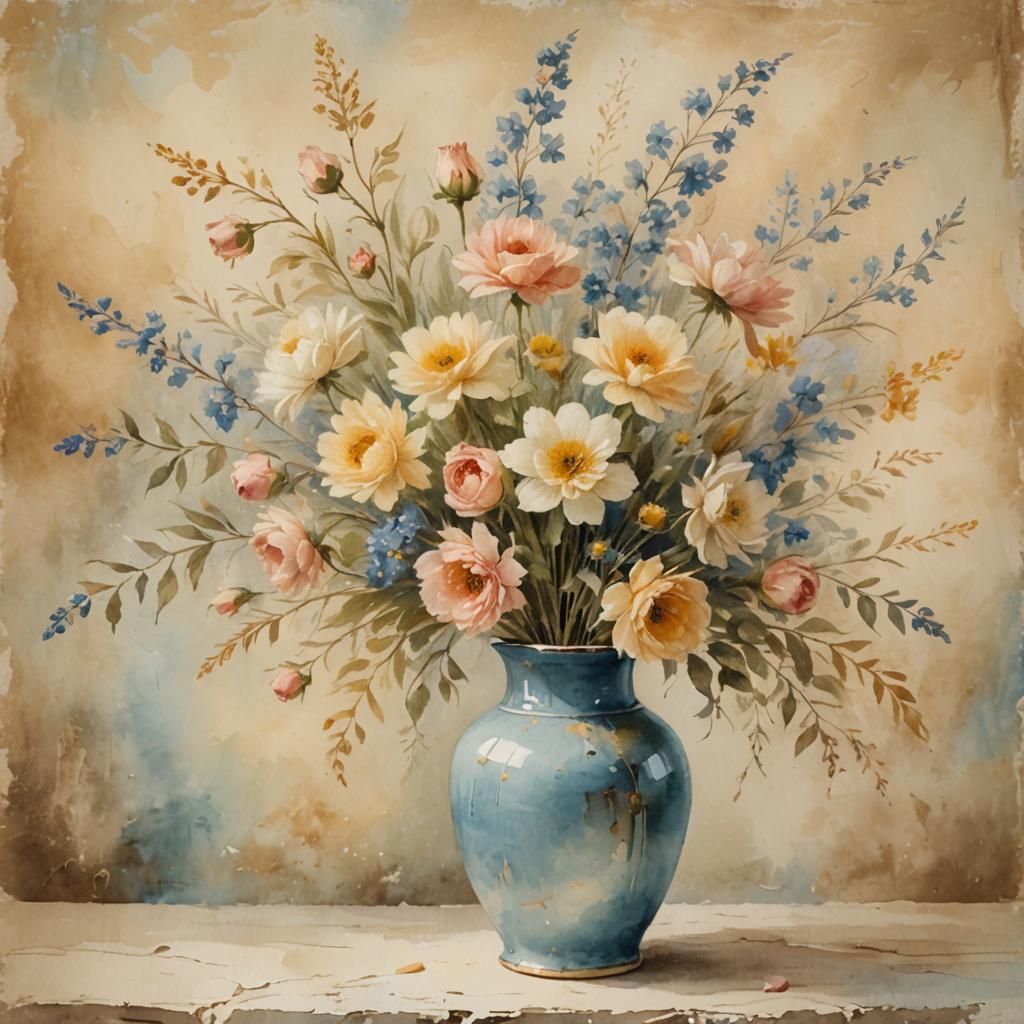 Create an image of a vintage-style watercolor painting featuring a lush bouquet of pastel flowers in a rustic blue ceramic vase. The bouquet...