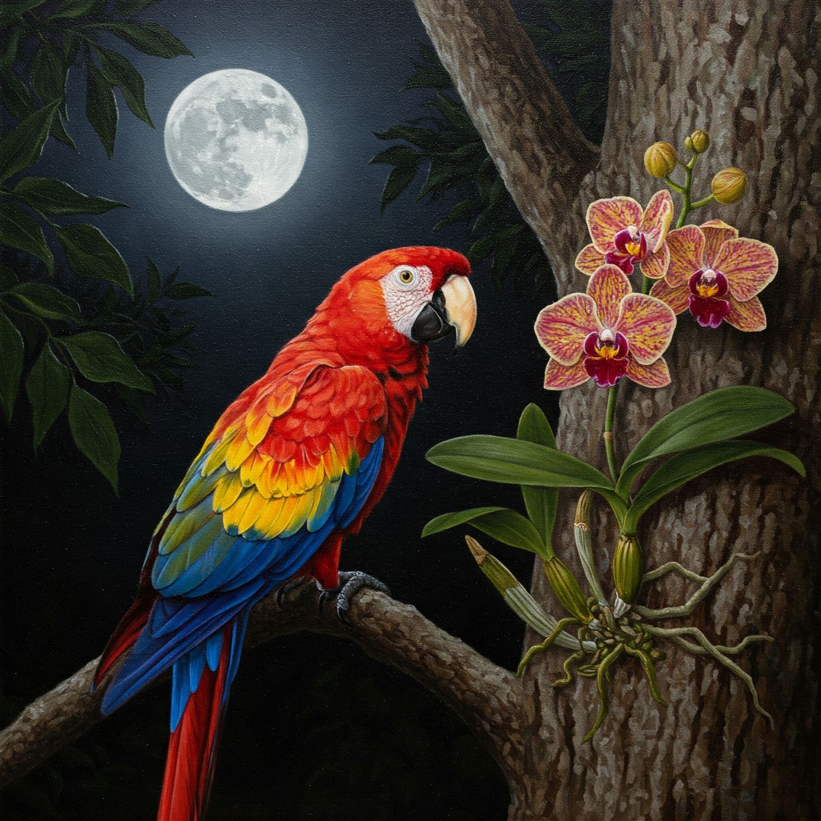 Scarlet Macaw in moon light
