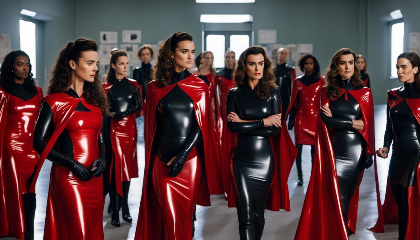 young Cote de Pablo dressed in  red reflective latex is a do...