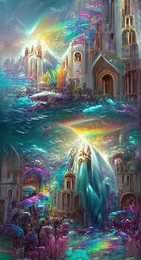 Aquamarine cathedral upon the sea in psychedelic colors by T...