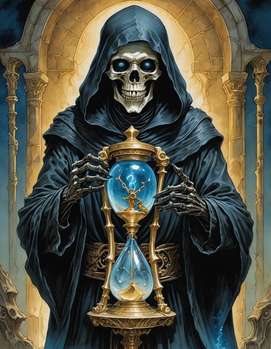 Grim Reaper with gentle blue glowing eyes holding a golden hourglass in ...