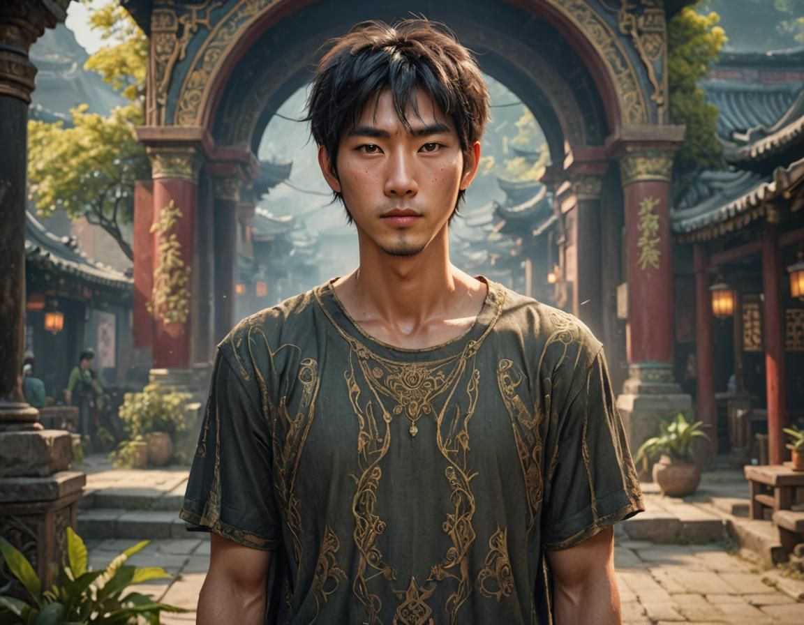 A handsome young Asian man with a delicate and deep face, a ...