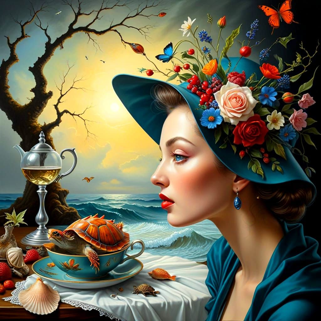 Surreal Seascape Still Life with Teapot and Turtle