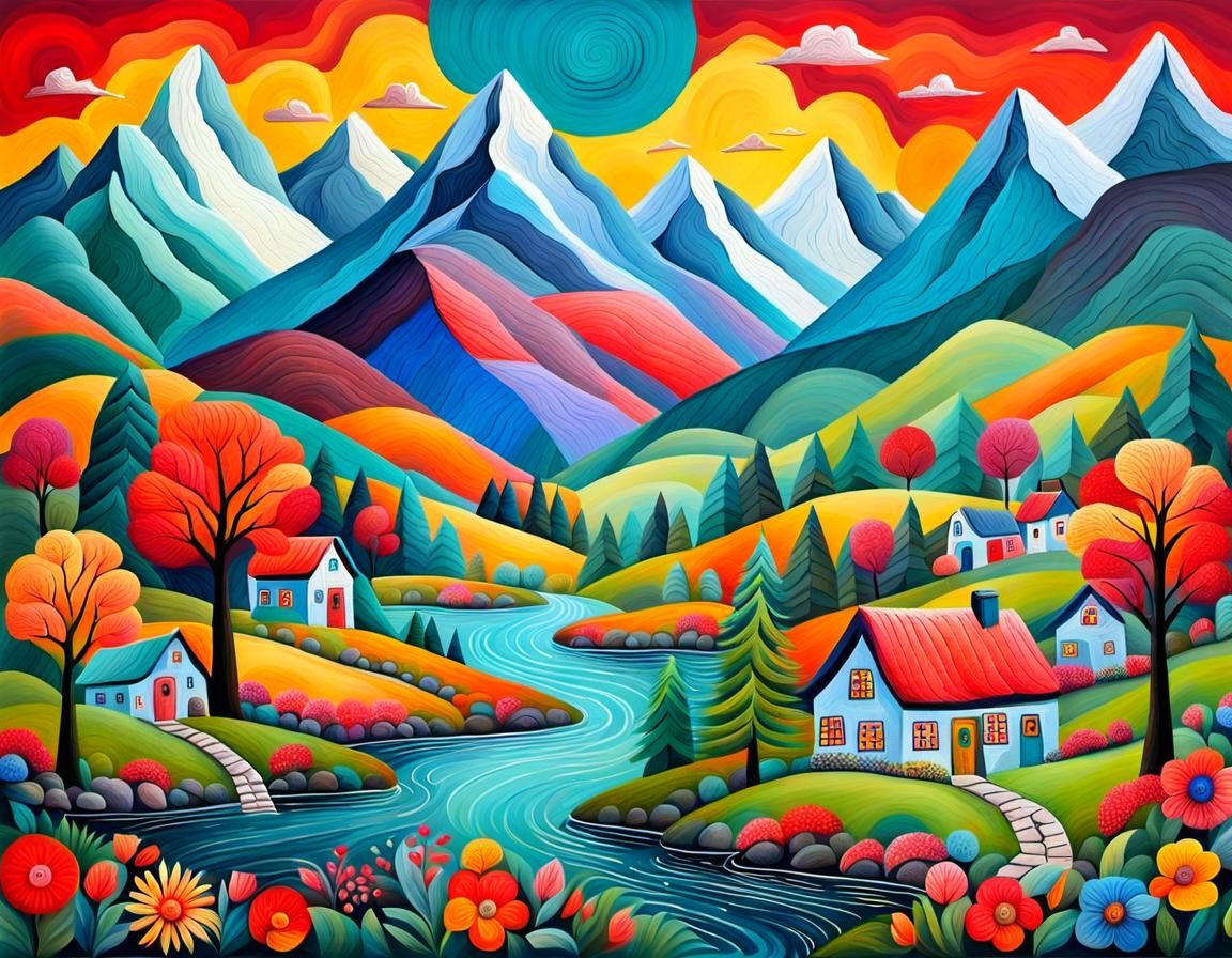 Naive and Folk Art Mountain Scene